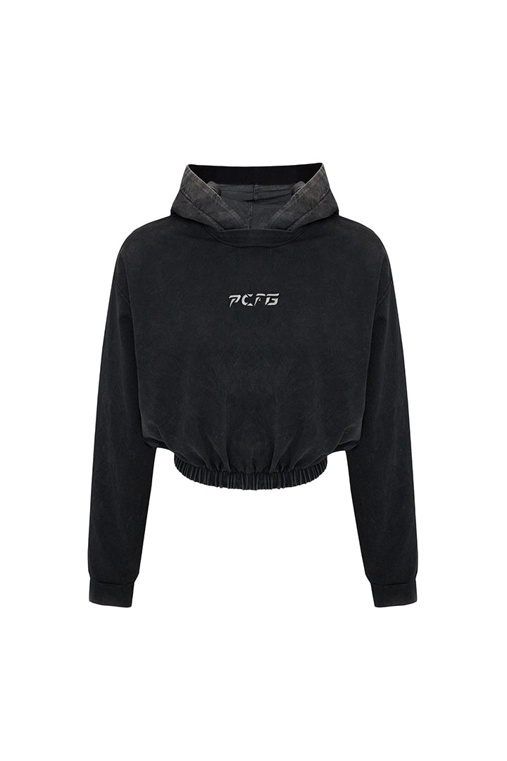Cotton Acid Washed Crop Hoodie - Black